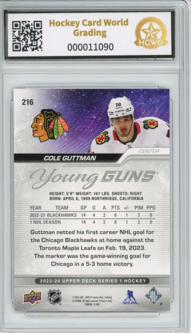 2023-24 Upper Deck #216 Cole Guttman Young Guns YG Graded Mint HCWG 9 Image 2
