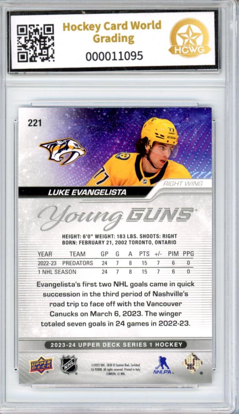2023-24 Upper Deck #221 Luke Evangelista Young Guns YG Graded Mint HCWG 8 Image 2