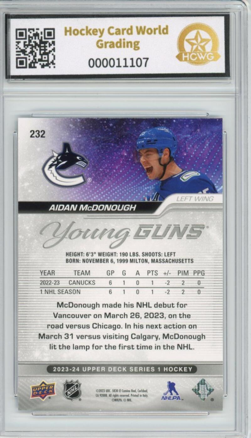 2023-24 Upper Deck #232 Aidan McDonough Young Guns YG Graded Gem Mint HCWG 10 Image 2