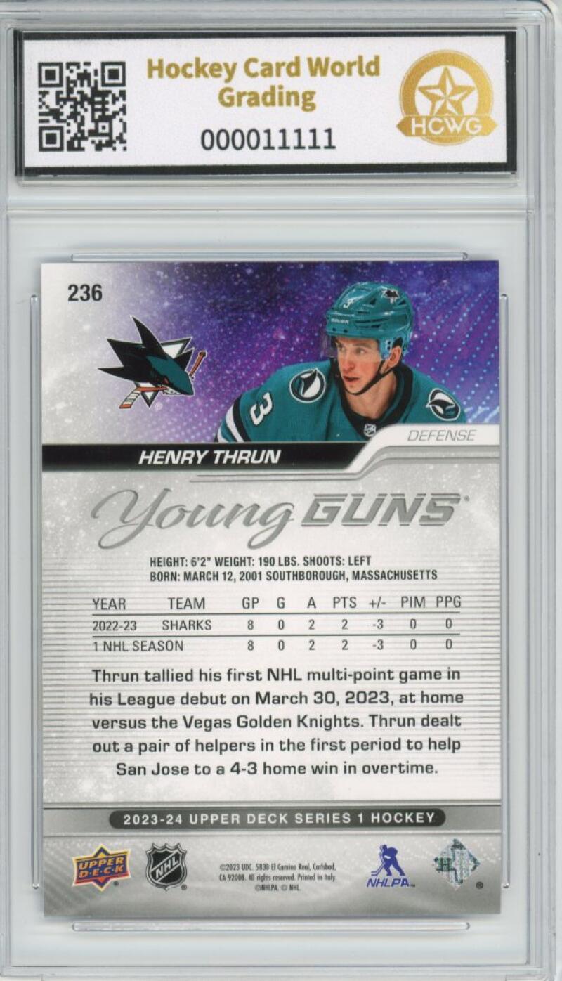 2023-24 Upper Deck #236 Henry Thrun Young Guns YG Graded Mint HCWG 9 Image 2