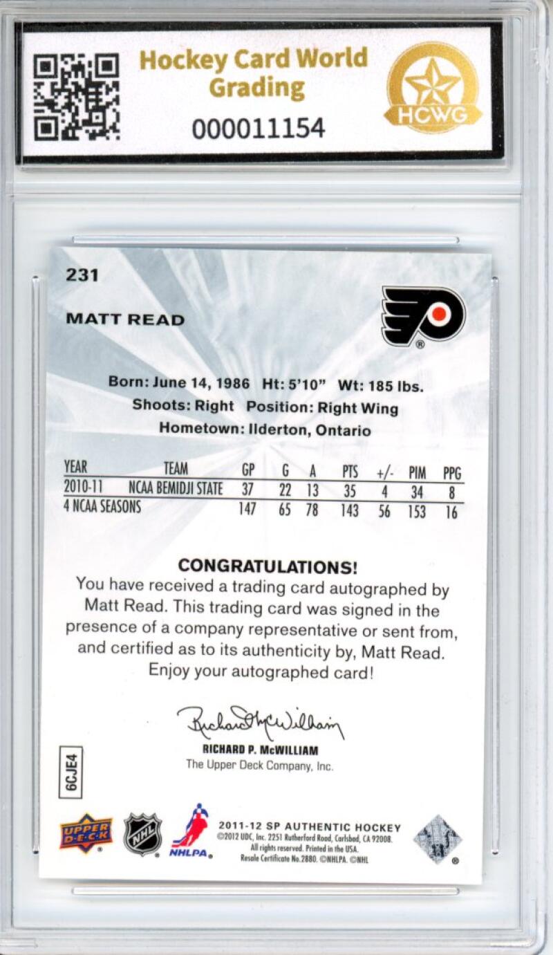 2011-12 SP Authentic #231 Matt Read Auto Rookie 597/999 Graded GEM MT HCWG 10 Image 2