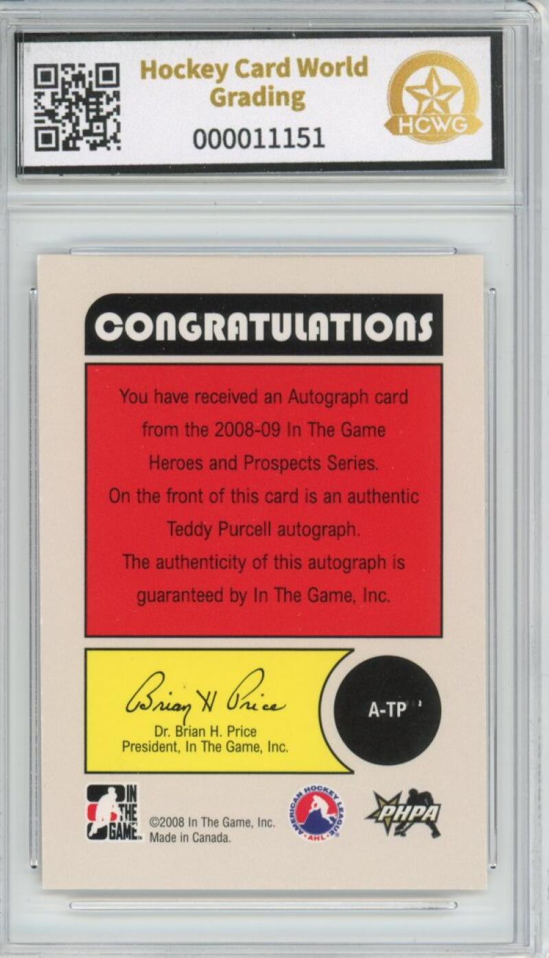 2008-09 ITG Heroes and Prospects Autographs Teddy Purcell Auto Graded HCWG 9 Image 2
