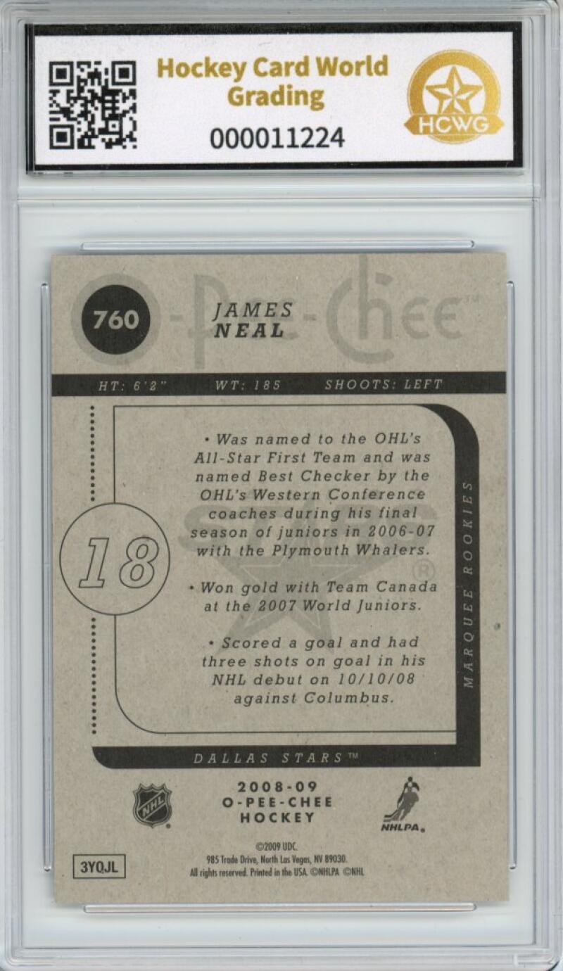 2008-09 O-Pee-Chee #760 James Neal RC Rookie Graded Mint HCWG 9 Image 2
