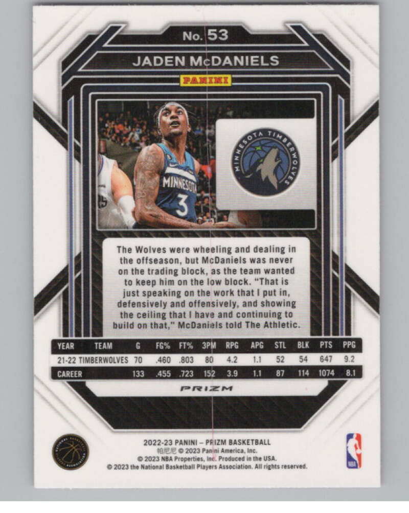 2022-23 Panini Prizm Prizms Pink Ice #53 Jaden McDaniels V98139 Image 2