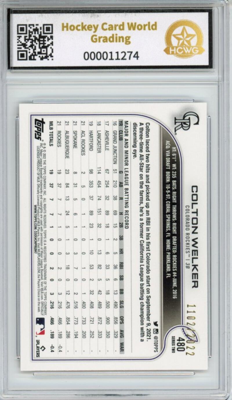 2022 Topps Gold #480 Colton Welker 1102/2022 Rookie RC Graded HCWG 9 Image 2