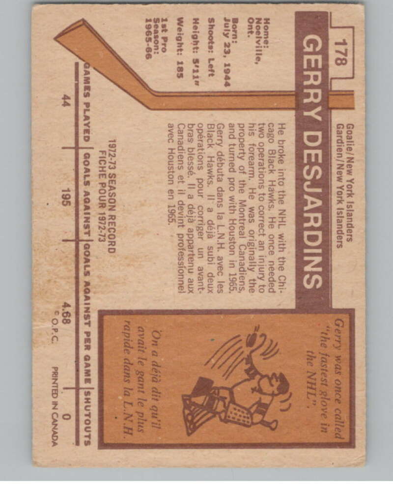 1973-74 O-Pee-Chee #178 Gerry Desjardins New York Islanders V98204 Image 2
