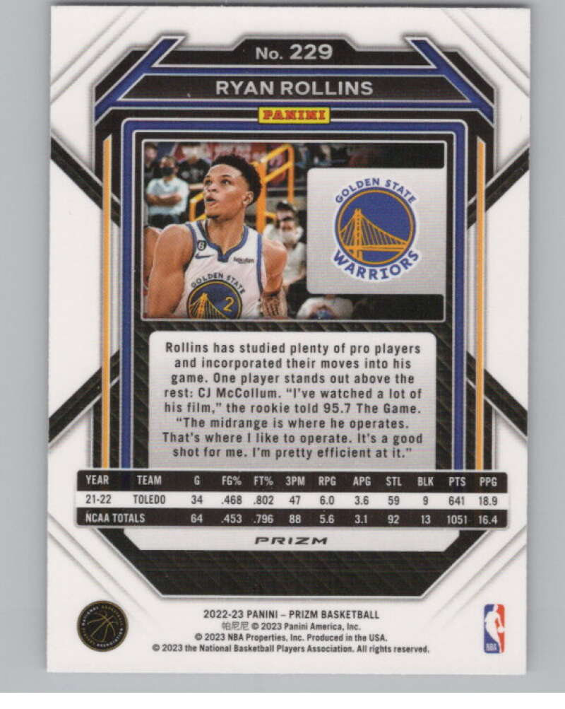 2022-23 Panini Prizm Prizms Pink Ice #229 Ryan Rollins V98322 Image 2
