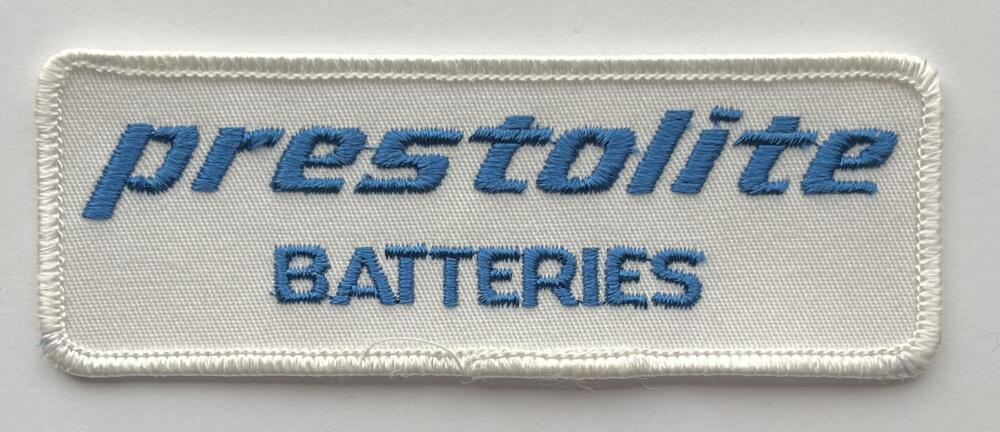 Prestolite Batteries Car Vehicle Blue and White Vintage Patch 4.5"x1.5" Image 1