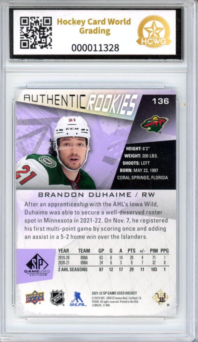 2021-22 SP Game Used Purple Fragments #136 Brandon Duhaime 2/5 Rookie HCWG 9 Image 2