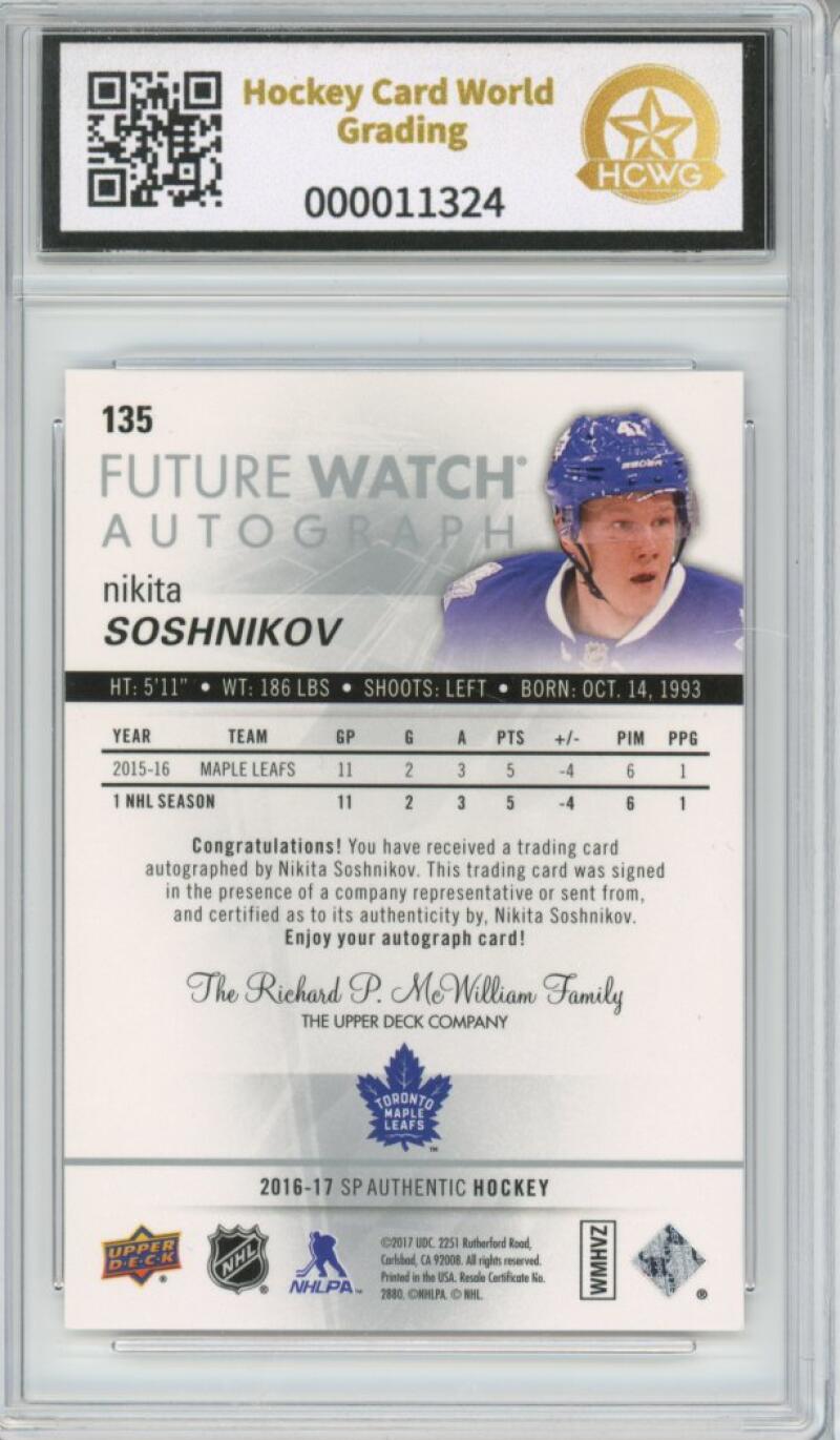 2016-17 SP Authentic Future Watch #135 Nikita Soshnikov Rookie RC Graded HCWG 10 Image 2