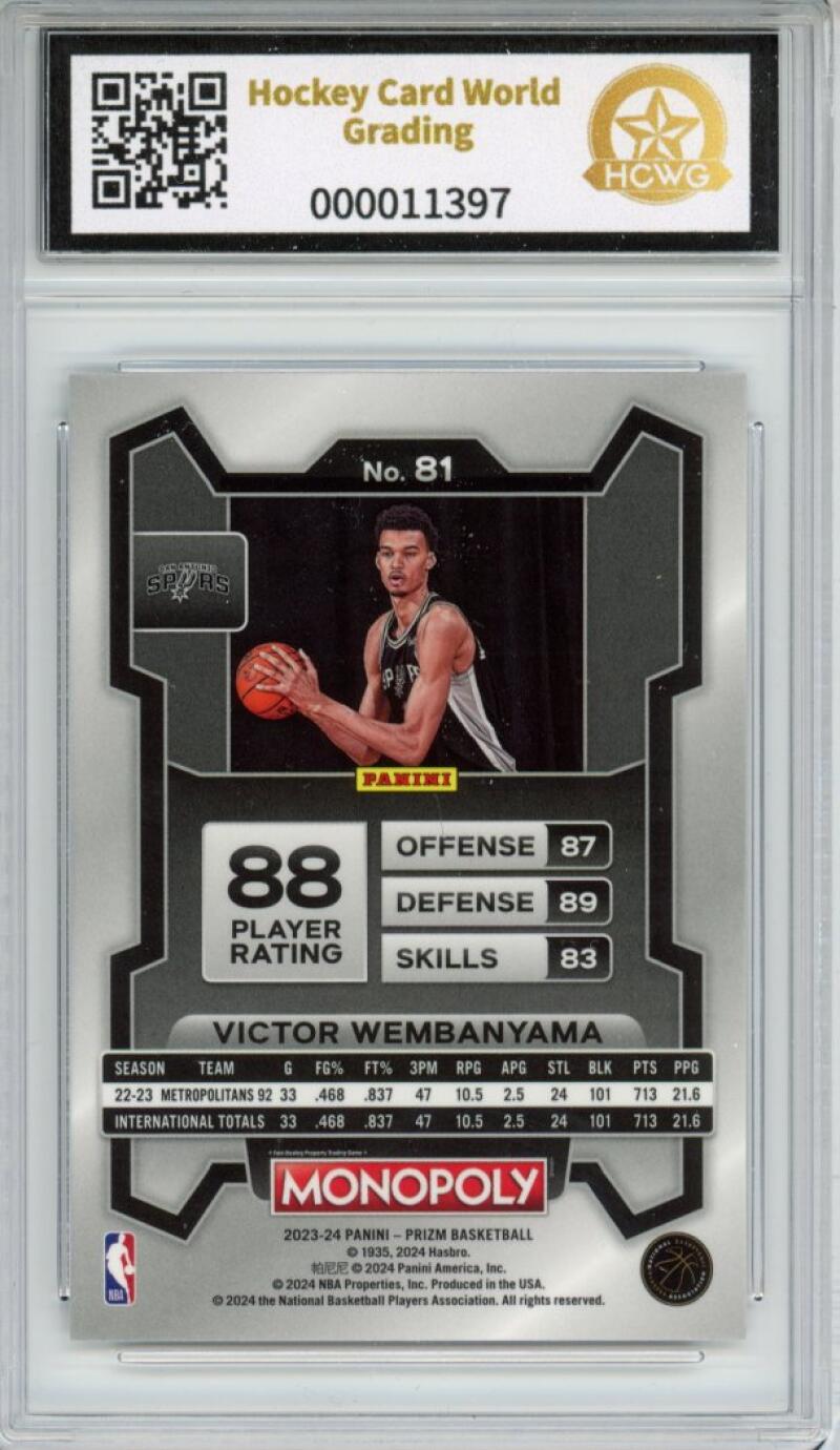 2023-24 Panini Prizm Monopoly #81 Victor Wembanyama Rookie RC Graded HCWG 8 - 11397 Image 2