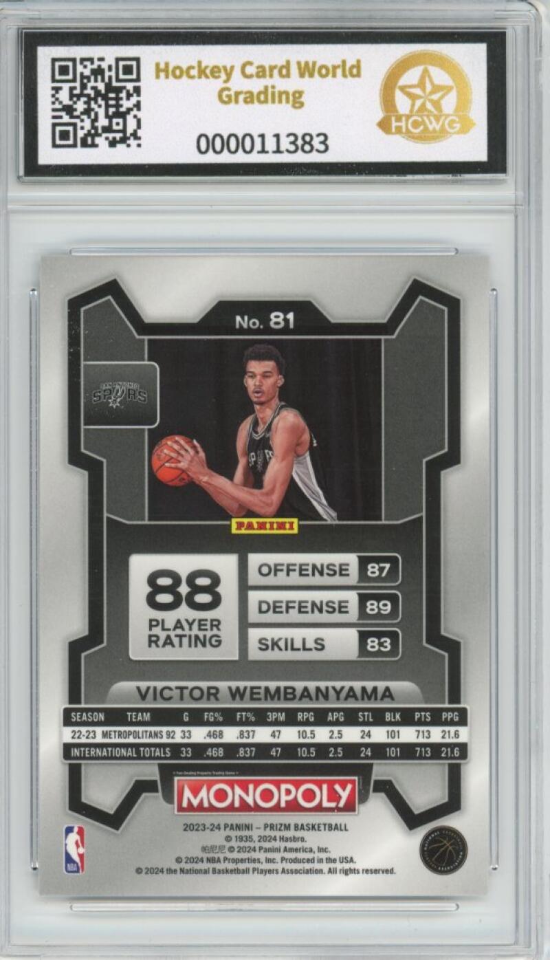 2023-24 Panini Prizm Monopoly #81 Victor Wembanyama Rookie RC Graded HCWG 9 - 11383 Image 2