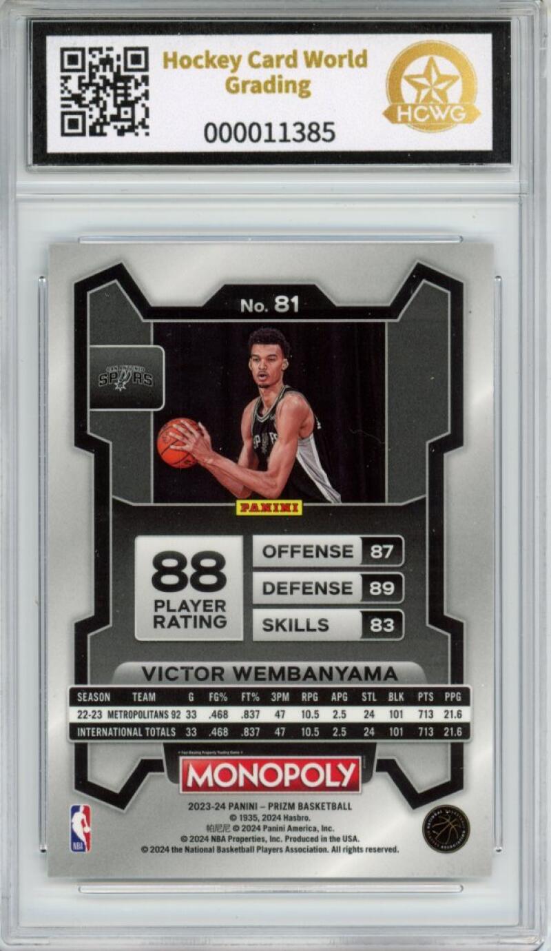 2023-24 Panini Prizm Monopoly #81 Victor Wembanyama Rookie RC Graded HCWG 9 - 11385 Image 2