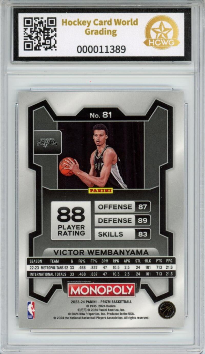 2023-24 Panini Prizm Monopoly #81 Victor Wembanyama Rookie RC Graded HCWG 10 - 11389 Image 2