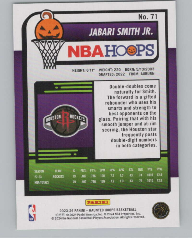 2023-24 Hoops Haunted Hoops Slime #71 Jabari Smith Jr. V98641 Image 2