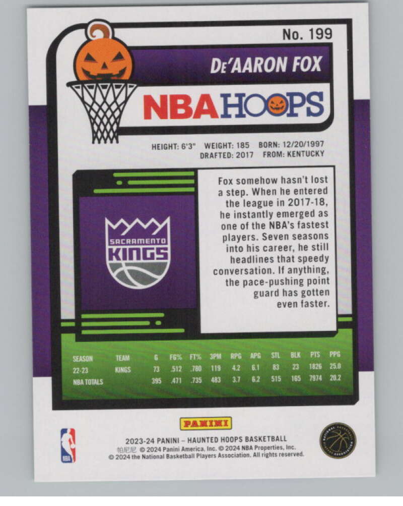 2023-24 Hoops Haunted Hoops Slime #199 De'Aaron Fox V98651 Image 2