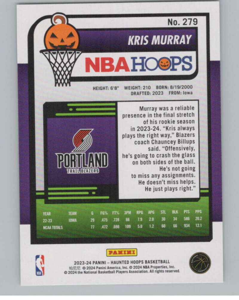 2023-24 Hoops Haunted Hoops Slime #279 Kris Murray V98659 Image 2