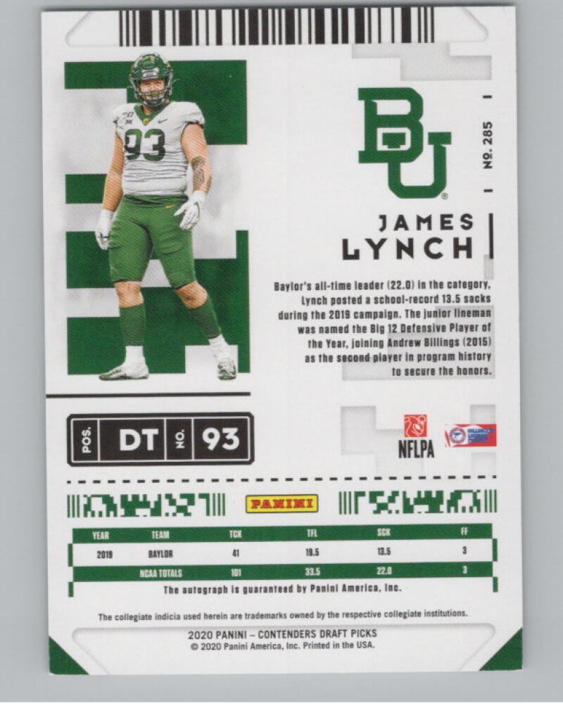 2020 Contenders Draft Picks Ticket #285 James Lynch RC Auto Football V98667 Image 2