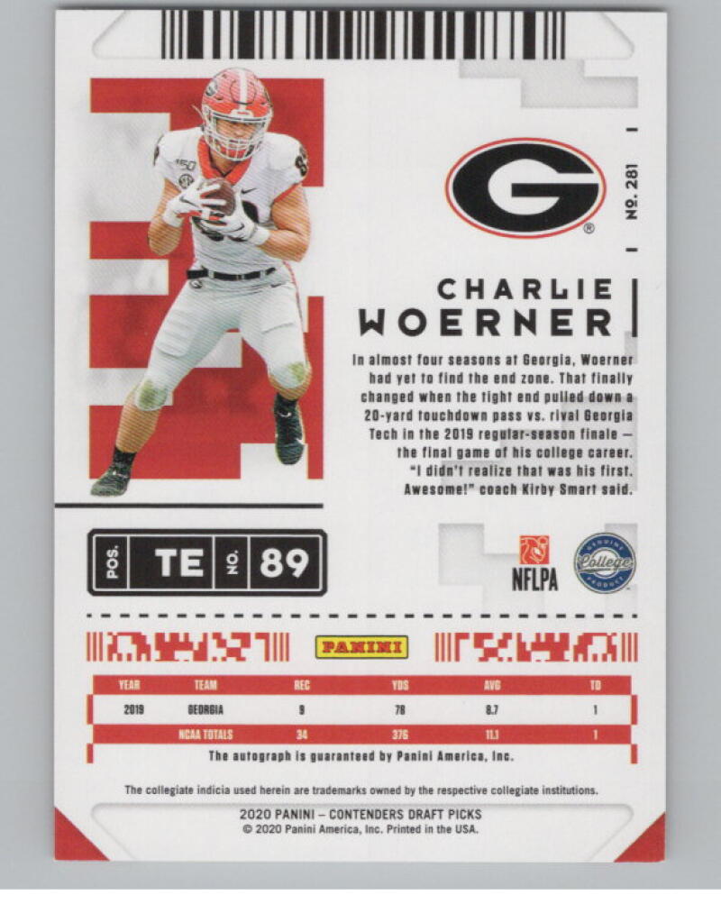 2020 Contenders Draft Picks Ticket Blue #281 Charlie Woerner RC Auto V98668 Image 2