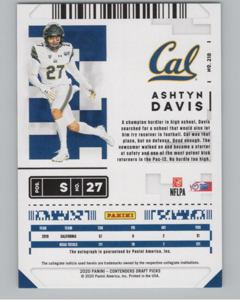 2020 Contenders Draft Picks Ticket Blue Foil #218 Ashtyn Davis RC Auto V98671 Image 2