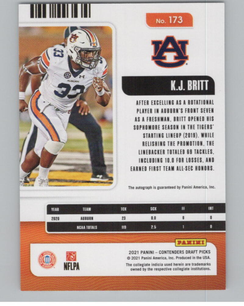 2021 Contenders Draft Picks Ticket Red #173 K.J. Britt Rookie Auto V98685 Image 2