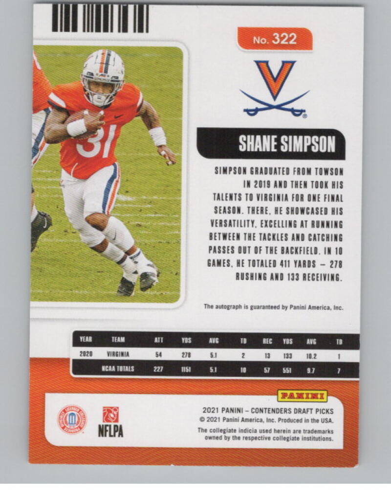 2021 Contenders Draft Picks Ticket Red #322 Shane Simpson Rookie Auto V98697 Image 2