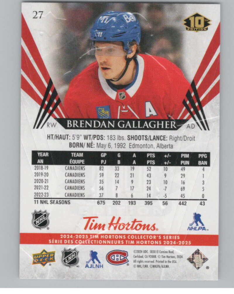 2024-25 Upper Deck Tim Hortons Hockey #27 Brendan Gallagher Image 2