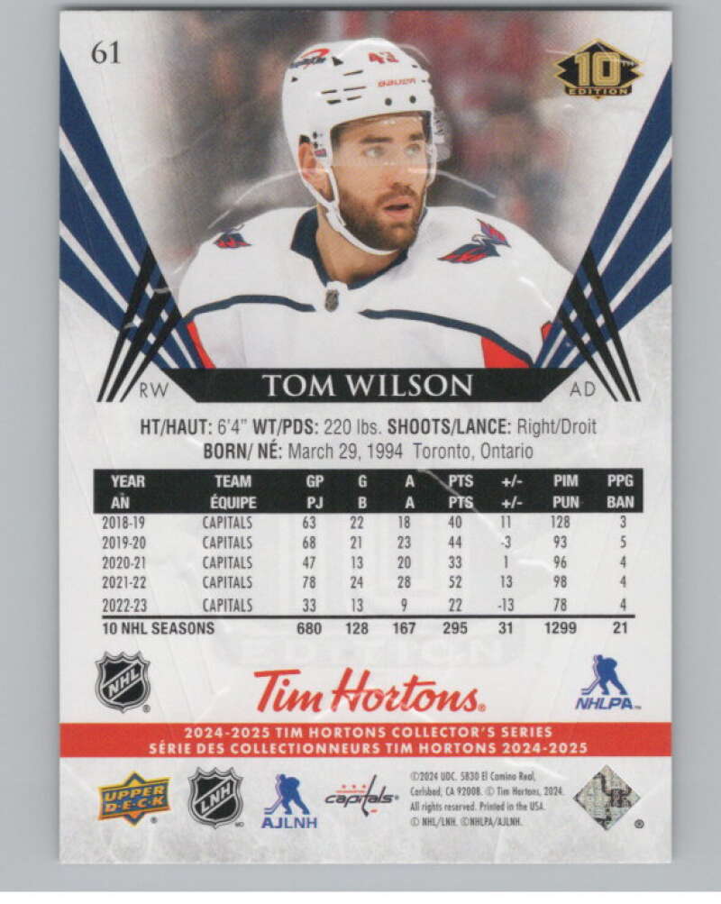 2024-25 Upper Deck Tim Hortons Hockey #61 Tom Wilson Image 2