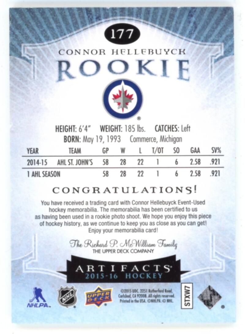 2015-16 Artifacts Jerseys Patch Emerald #177 Connor Hellebuyck Rookie V98794 Image 2