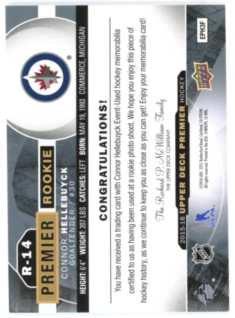 2015-16 Upper Deck Premier Rookies Jerseys #R14 Connor Hellebuyck V98795 Image 2