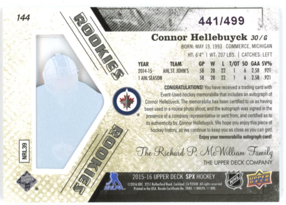 2015-16 SPx #144 Connor Hellebuyck JERSEY AUTO Rookie 441/499 RC V98797 Image 2