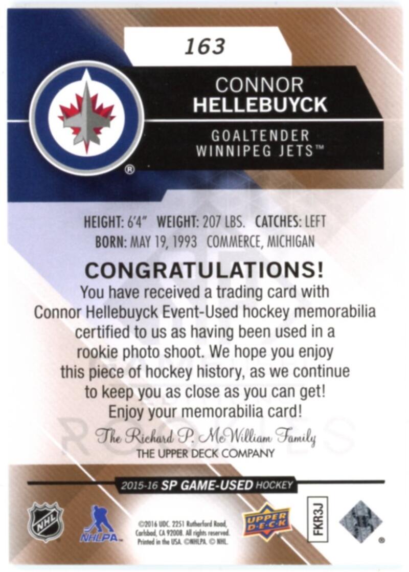 2015-16 SP Game Used Copper Jerseys #163 Connor Hellebuyck /399 RC V98798 Image 2