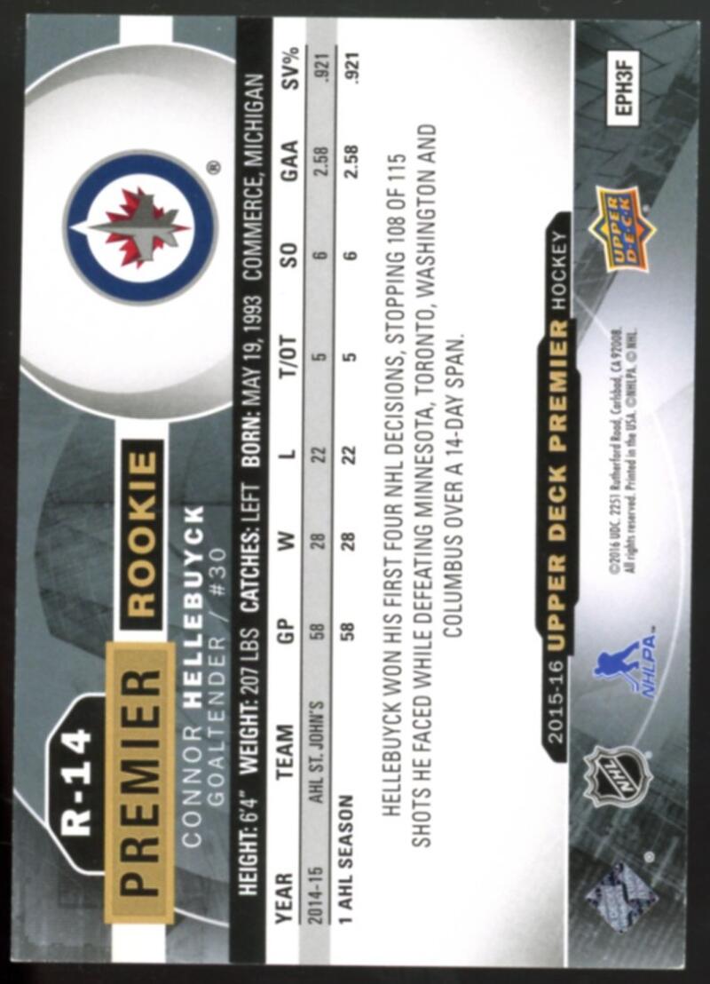2015-16 Upper Deck Premier Rookies #R14 Connor Hellebuyck /399 RC V98799 Image 2