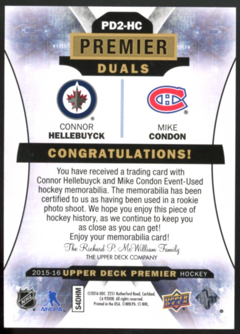 2015-16 Upper Deck Premier Duals Jerseys 116/149 Hellebuyck/Condon V98800 Image 2