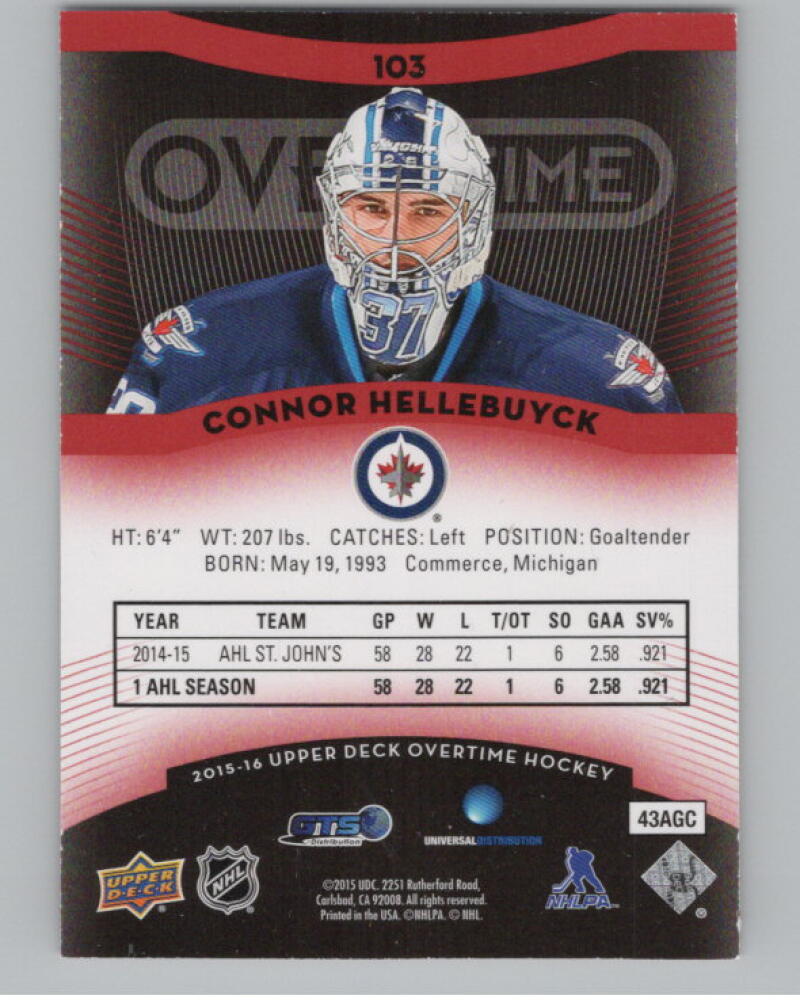 2015-16 Upper Deck Overtime Red #103 Connor Hellebuyck 73/99 Rookie V98801 Image 2