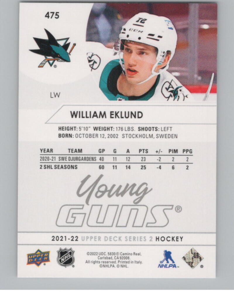 2021-22 Upper Deck #475 William Eklund Young Guns Rookie V98808 Image 2