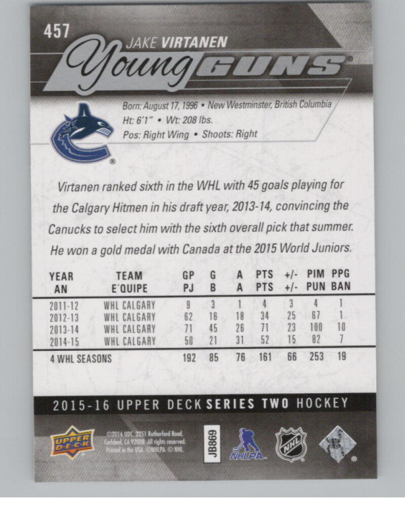 2015-16 Upper Deck #457 Jake Virtanen Young Guns Rookie V98811 Image 2