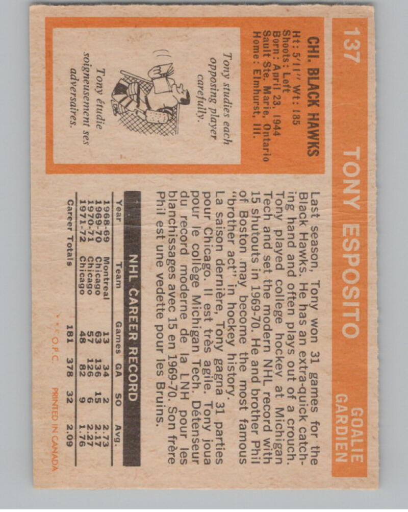 1972-73 O-Pee-Chee #137 Tony Esposito V98819 Image 2