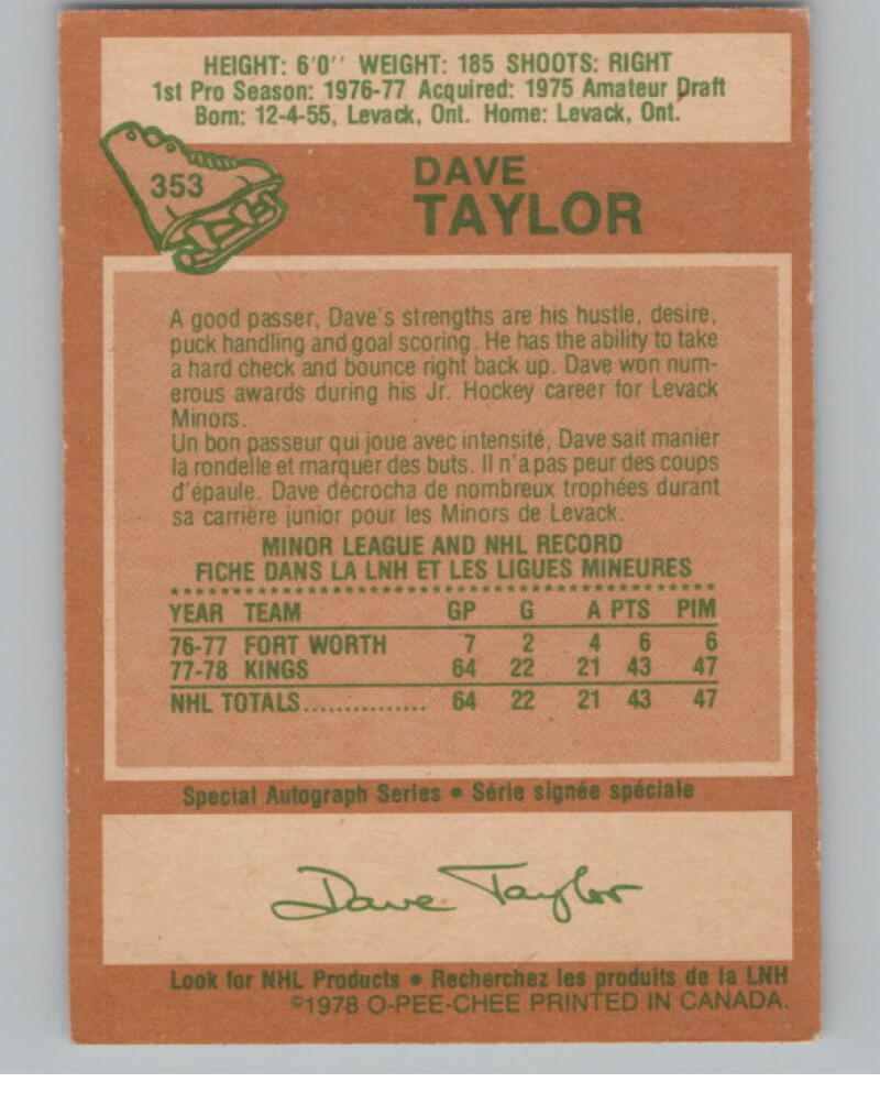 1978-79 O-Pee-Chee #353 Dave Taylor RC Rookie V98820 Image 2
