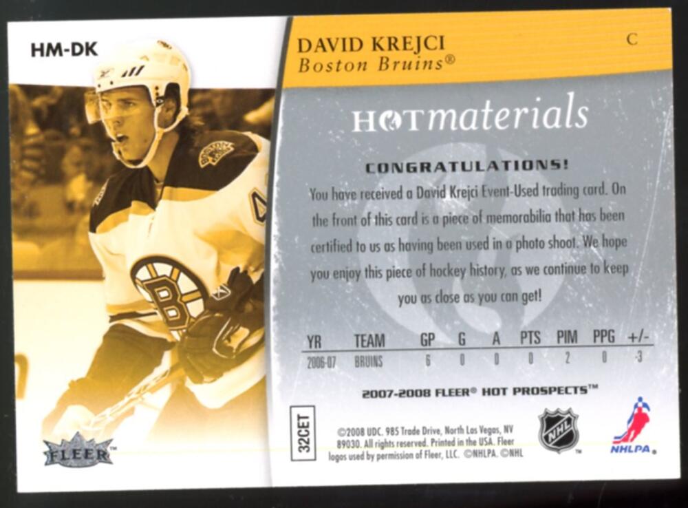 2007-08 Fleer Hot Prospects Hot Materials #HMDK David Krejci Jersey V98827 Image 2