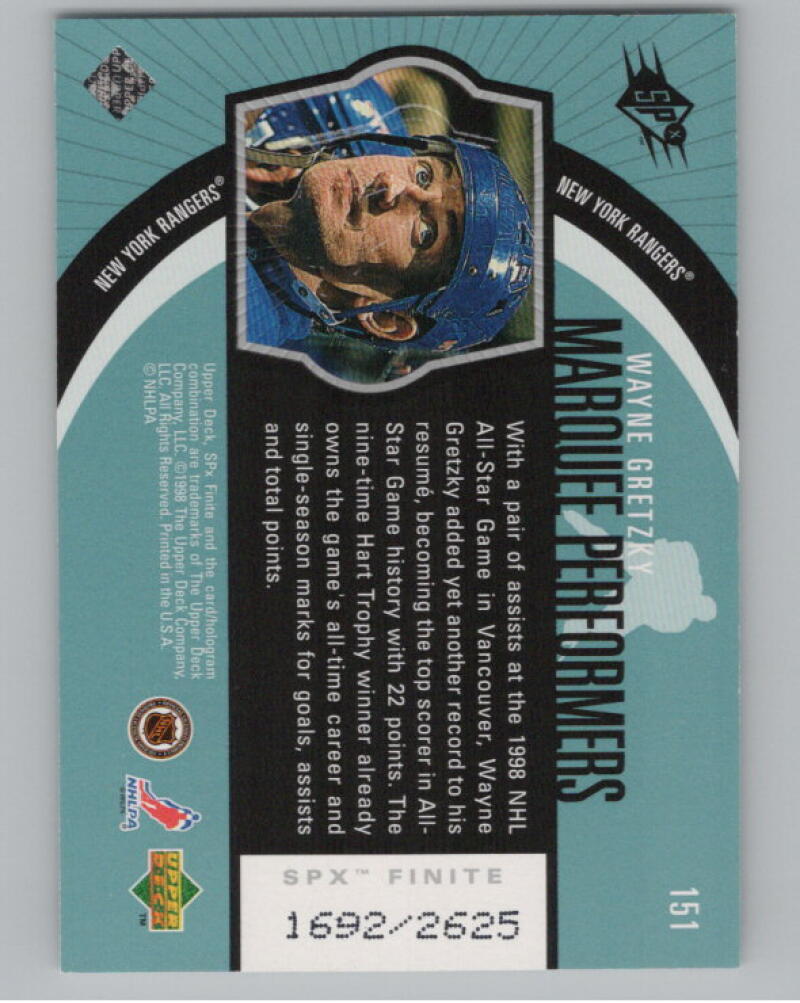 1998-99 Upper Deck SPx Finite #151 Wayne Gretzky 1692/2625 MP V98828 Image 2