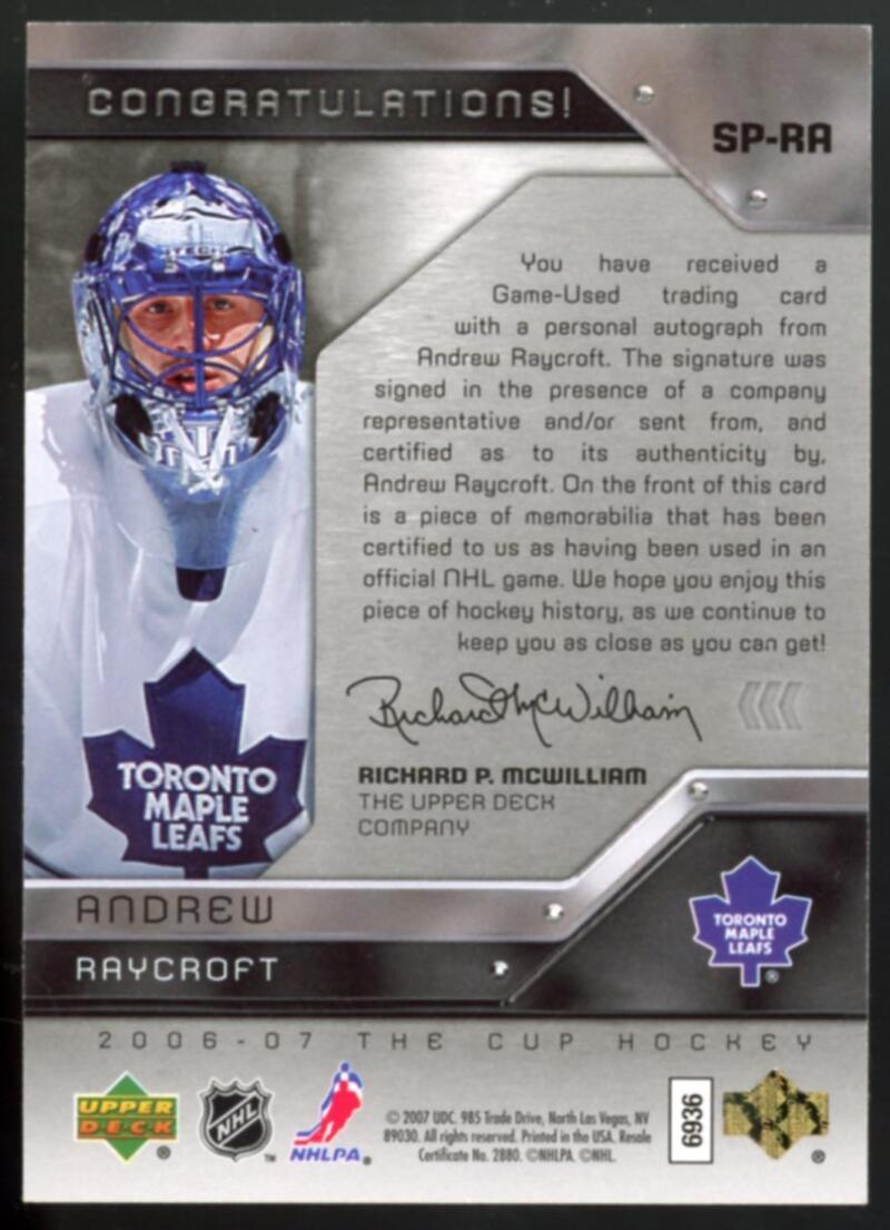 2006-07 UD The Cup Signature Patches #SPRA Andrew Raycroft 59/75 Auto V98829 Image 2
