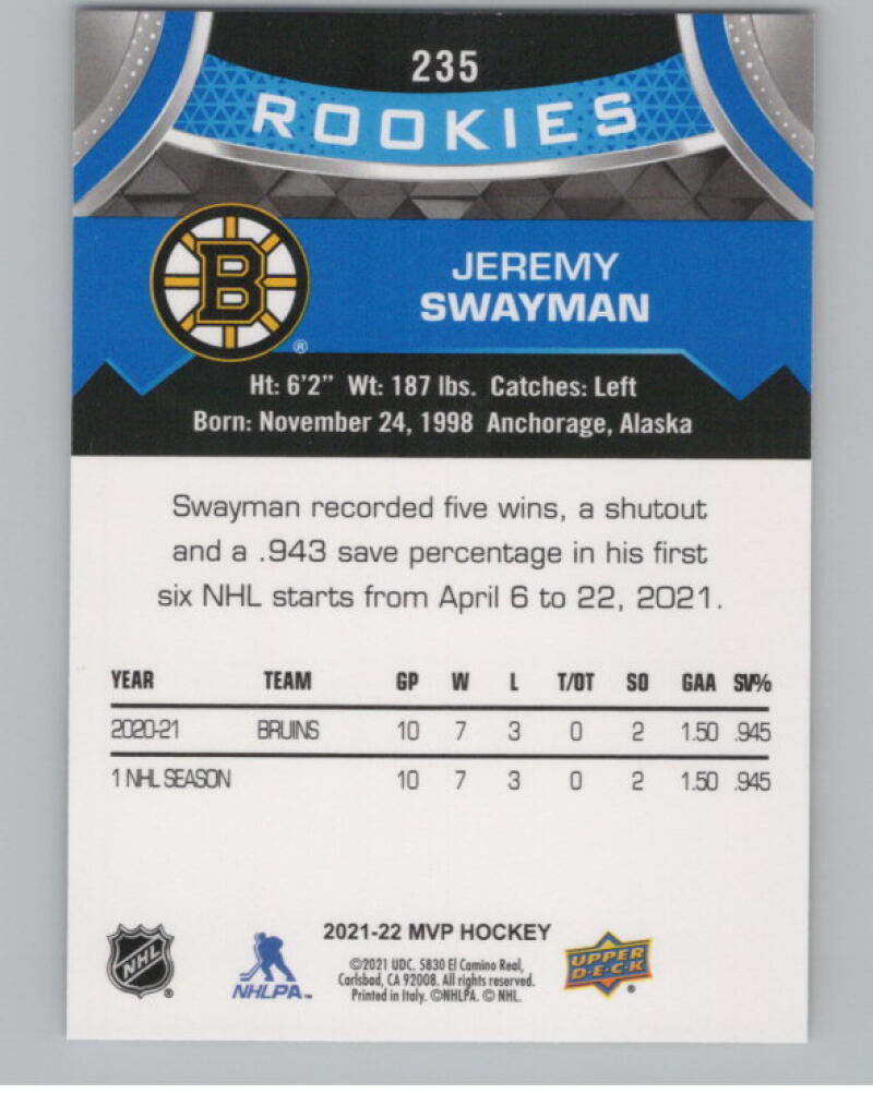 2021-22 Upper Deck MVP #235 Jeremy Swayman RC Rookie V98832 Image 2