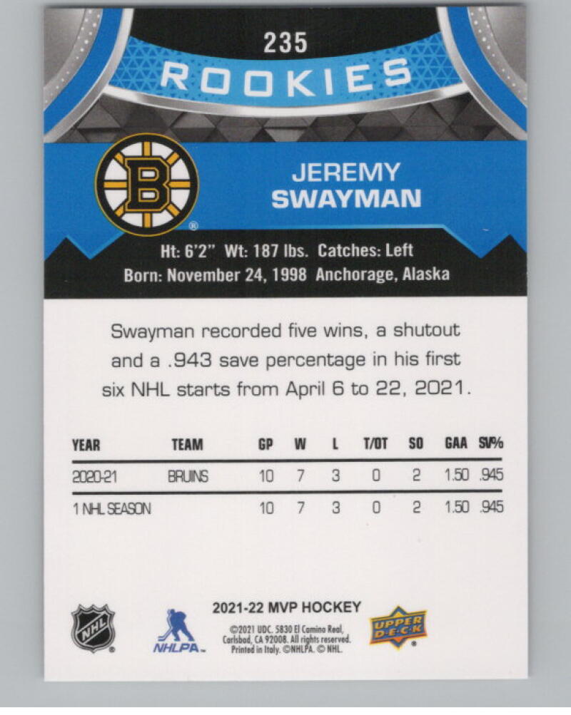 2021-22 Upper Deck MVP #235 Jeremy Swayman RC Rookie V98833 Image 2