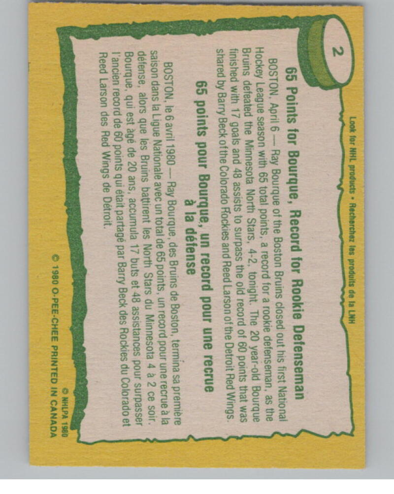 1980-81 O-Pee-Chee #2 Ray Bourque RB/65 Pts. for Rookie Defenseman V98834 Image 2