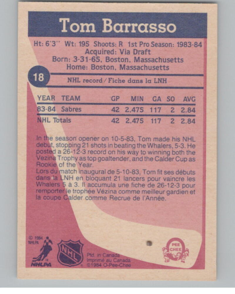 1984-85 OPC O-Pee-Chee #18 Tom Barrasso RC Rookie Sabres V98842 Image 2