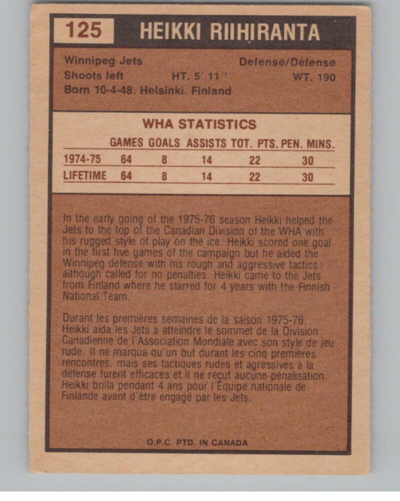 1975-76 OPC O-Pee-Chee WHA #125 Heikki Riihiranta V98843 Image 2