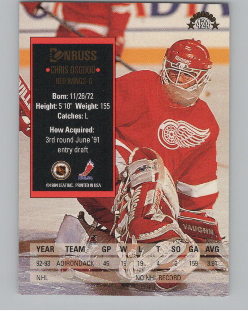 1993-94 Donruss #424 Chris Osgood RC Rookie V98867 Image 2
