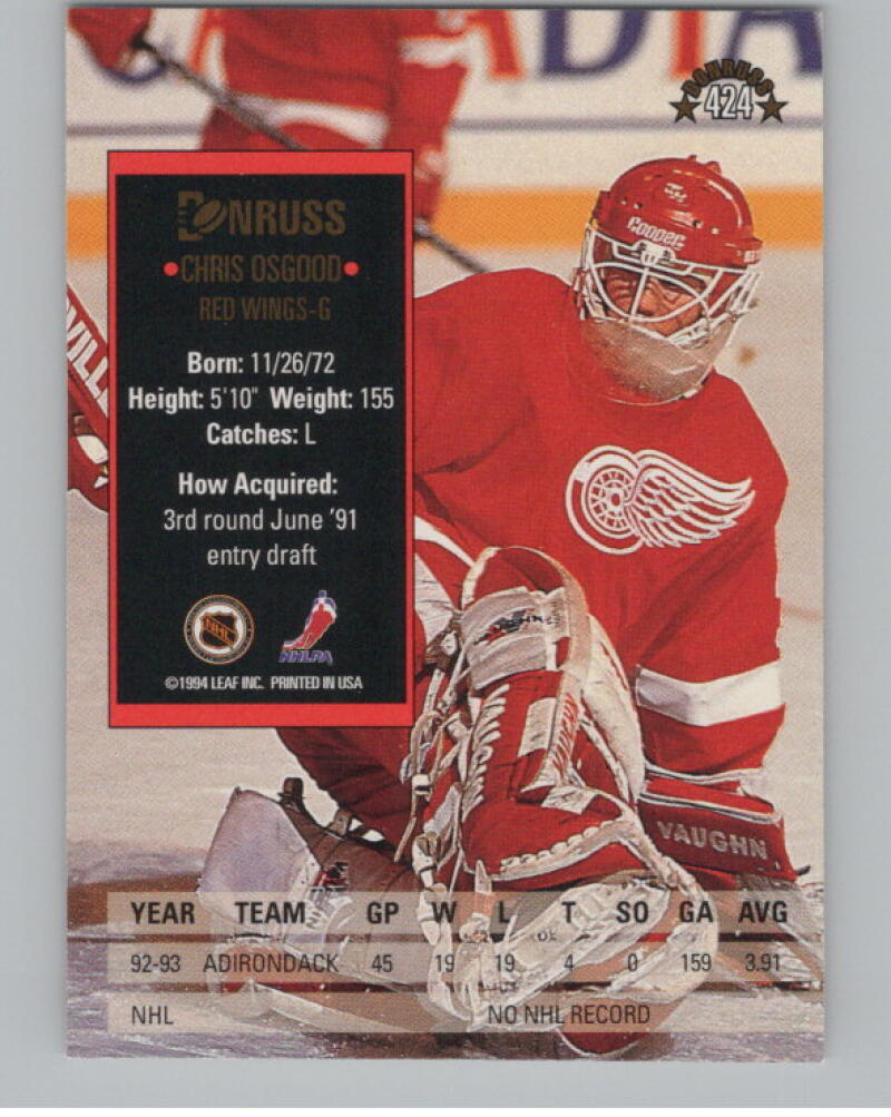 1993-94 Donruss #424 Chris Osgood RC Rookie V98869 Image 2