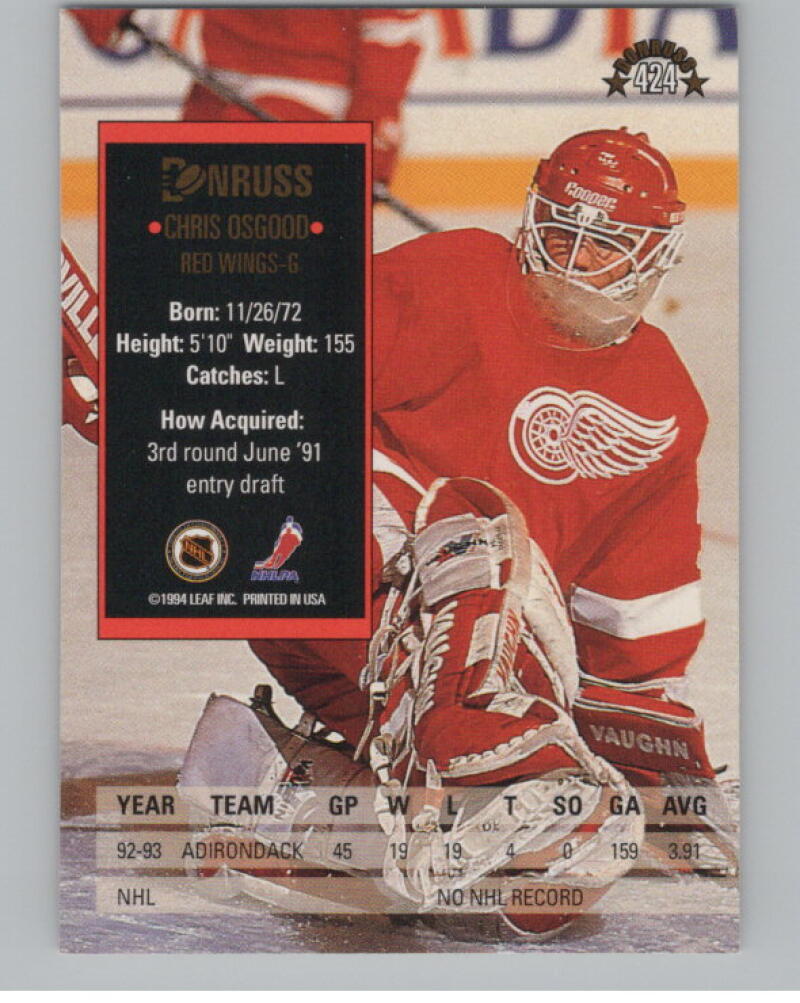 1993-94 Donruss #424 Chris Osgood RC Rookie V98870 Image 2